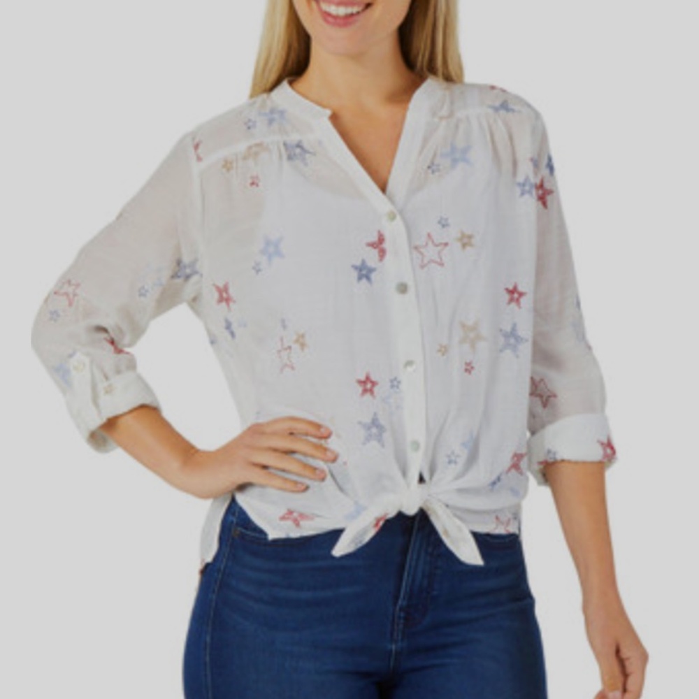 Figueroa Flower Patriot‎ Star Embroidered Button Down Blouse Long Sleeve Top